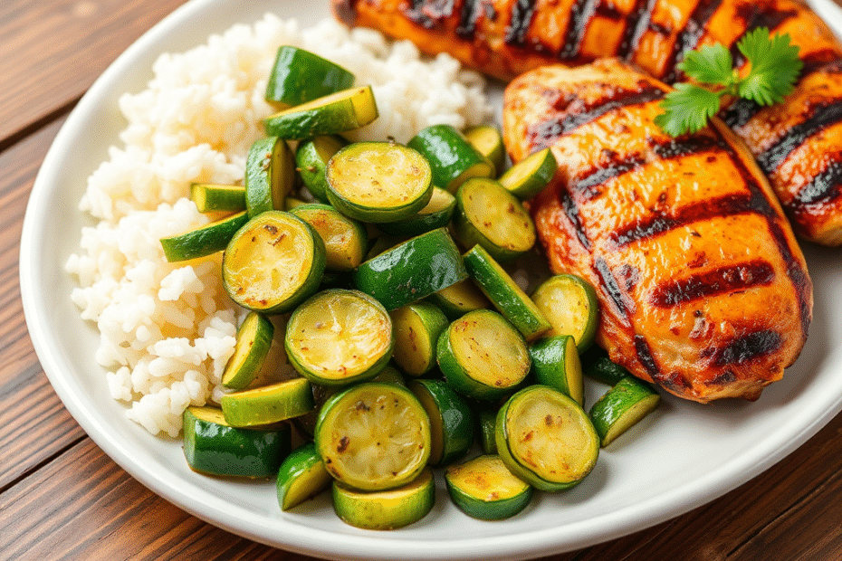 Receita de abobrinha refogada servida com arroz e frango grelhado