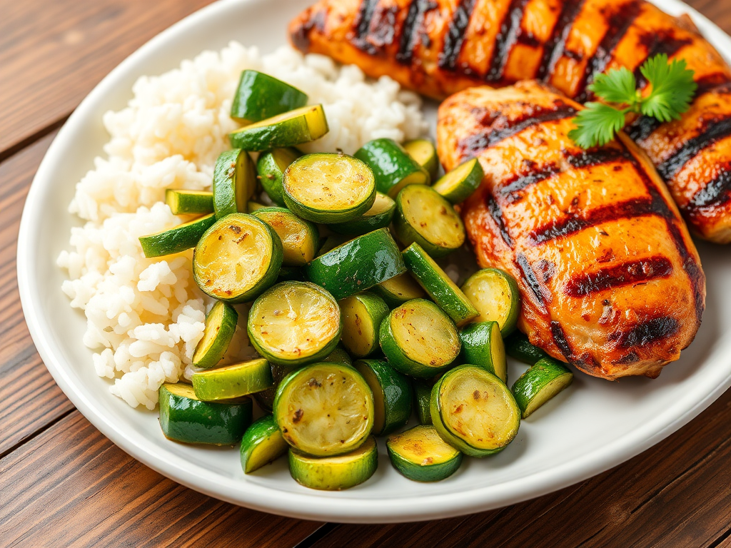 Receita de abobrinha refogada servida com arroz e frango grelhado